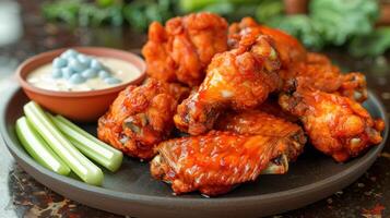 Closeup of chicken wings, celery sticks, and ranch dip photo