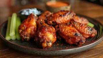 Close-up of a plate of chicken wings with celery sticks and dipping sauces photo