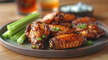 A plate of chicken wings with celery sticks and dipping sauce photo