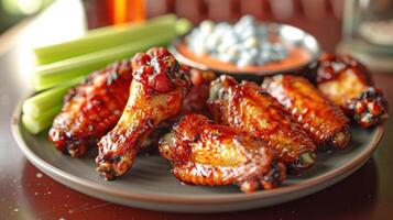 Appetizing chicken wings, celery, and dip photo