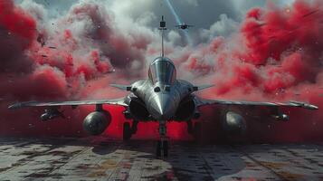 A French fighter jet sits on the runway, emerging from a cloud of red smoke photo