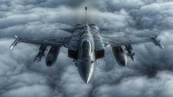 A fighter jet flies high above a field of fluffy clouds photo