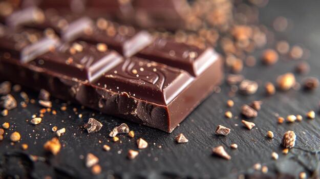 A close-up of a dark chocolate bar with cocoa nibs photo
