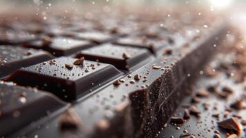 A close-up view of dark chocolate squares with water droplets and cocoa nibs photo