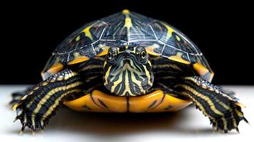 A close-up view of a painted turtle with its head and limbs extended photo