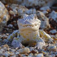 A young albino alligator basks in the golden hour light on a beach photo
