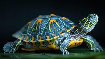 A close-up of a painted turtle with a vibrant shell photo