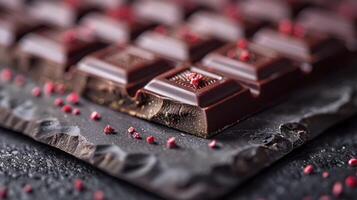 Dark chocolate bars with raspberry sprinkles on a slate surface photo