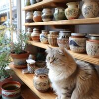 A fluffy cat sits by a window, watching pottery on display photo