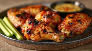 Close-up of chicken wings on a plate with celery and dipping sauce photo