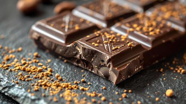 A close-up of a broken dark chocolate bar with cocoa nibs photo