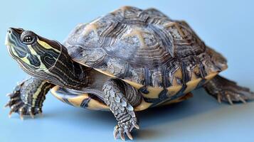 A close-up of a small turtle with a patterned shell, its head tilted up photo
