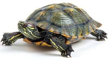 A red-eared slider turtle with a patterned shell photo