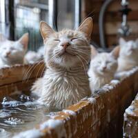 A group of cats enjoy a relaxing bath in a wooden tub photo