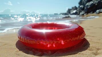 A red inflatable ring sits on a sandy beach, ready for a day of fun in the sun photo