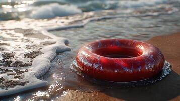 A red lifebuoy rests on a sandy beach with waves retreating in the background photo