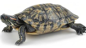 A close-up of a red-eared slider turtle on a white background photo