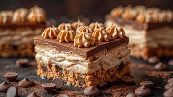 Close-up of a chocolate cake slice with caramel frosting and chocolate chips photo