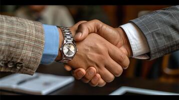 A close-up image of two businessmen shaking hands photo
