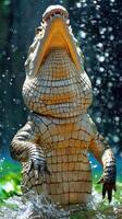 A crocodile rises from the water with its mouth open wide photo