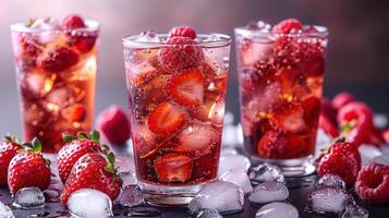 A close-up of three glasses of sparkling strawberry and raspberry cocktails on ice photo