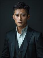 A portrait of a man in a suit, looking intensely at the camera photo