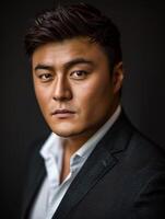 A close-up portrait of a man wearing a black suit and a white shirt photo