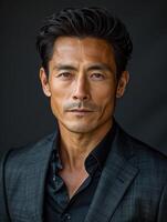 A close-up portrait of a man with a serious expression, captured in a studio setting photo