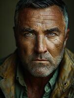 Close-up portrait of a man with intense eyes and a weathered face photo