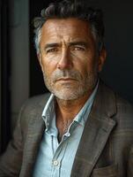 Portrait of a man with a serious expression, captured in a close-up photo