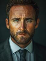 A close-up portrait of a man in a suit, looking directly at the camera photo