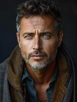 A close-up portrait of a man with a thoughtful expression photo