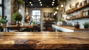 A wooden table in a cafe with a blurred background photo