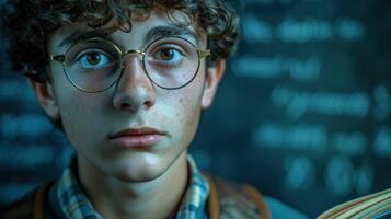 Close-up portrait of a young man wearing glasses, focused intently photo