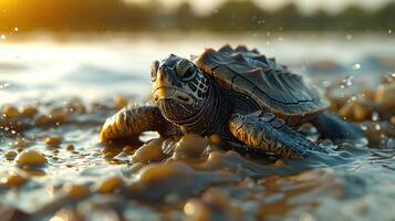 A sea turtle makes its way through the shallows during the golden hour photo