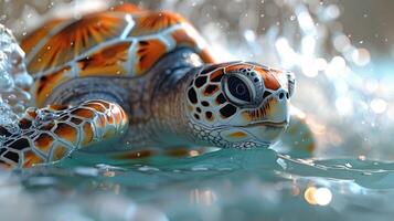 A sea turtle emerges from the water, its shell shimmering in the sunlight photo