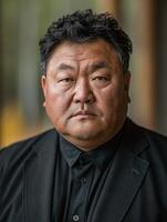A man in a black suit gazes directly at the camera, a hint of seriousness in his eyes photo