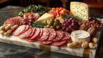 An assortment of salami, cheese, grapes, and nuts on a marble platter photo