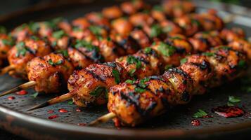 Grilled chicken skewers with parsley, ready to eat photo