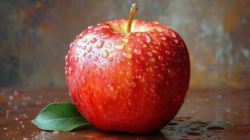 A single red apple, glistening with dewdrops, rests on a wooden surface photo