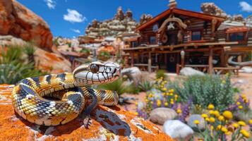 A snake with colorful scales sits on a rock in front of a western cabin photo