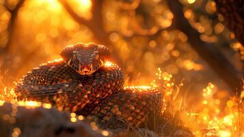 A snake basks in the warm glow of the setting sun photo