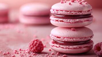 Two pink macarons stacked with raspberry filling photo