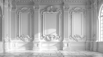 A white room with intricate moldings and a window photo
