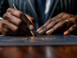 A close-up of a hand signing a document photo