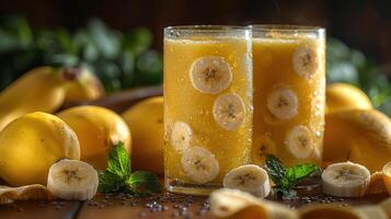 Two glasses of yellow banana smoothie with fresh mint garnish photo