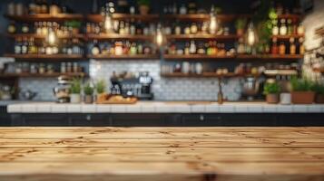 A close-up of a rustic wooden countertop in front of a blurred bar setting photo