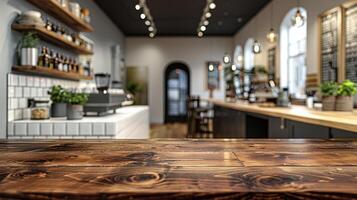 A rustic wooden countertop with a blurry background of a modern cafe photo