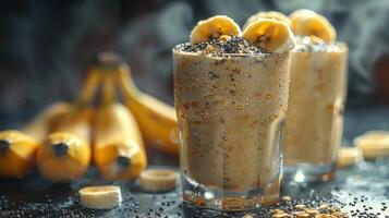 Two glasses of creamy banana and chia seed smoothie with fresh bananas in the background photo