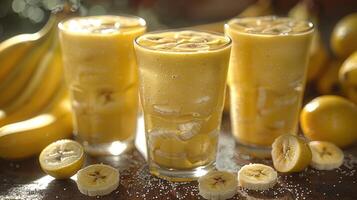 Three glasses of banana smoothies on a wooden table photo